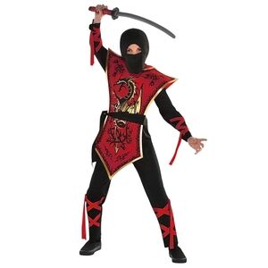 Ninja Child Costume Boys Size Small 4 - 6 Black Red 3 Piece Set